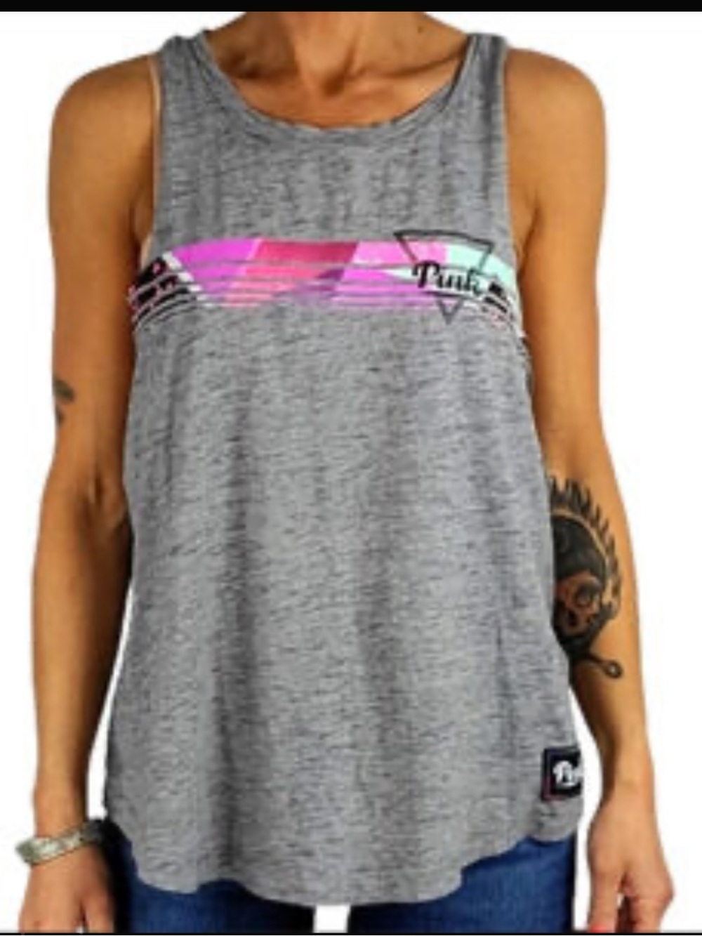 XS Pink VS Gray RacerBack Tank Pink & Mint retro Graphic 80’s triangle